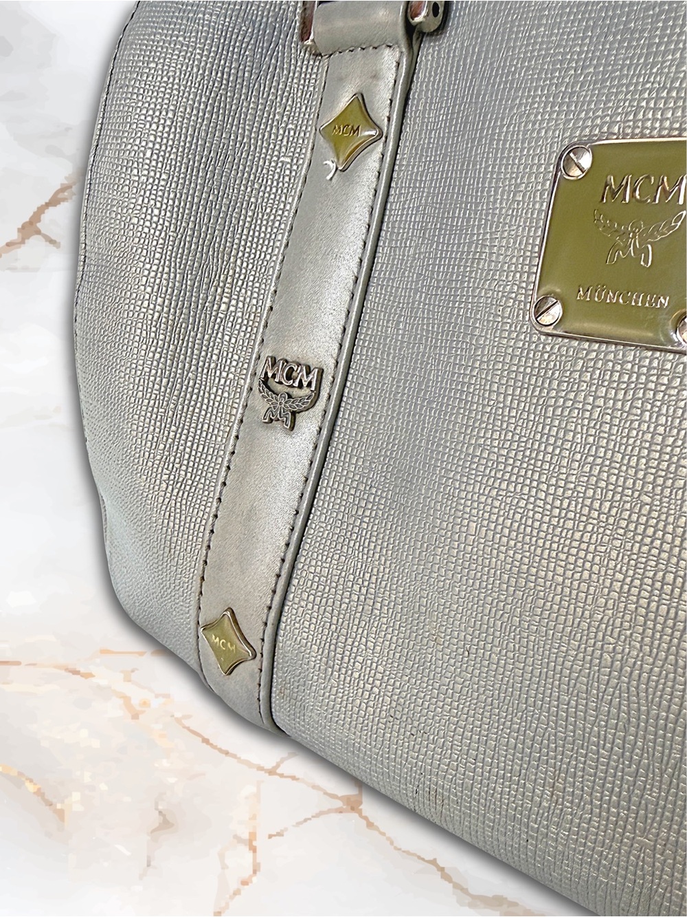 MCM München Metallic Silver Saffiano Leather Boston Bag - Picture 7 of 17